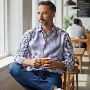 Sid Mashburn Mens 16.5 34 Purple Navy Micro Check Cotton Spread Collar Shirt EUC